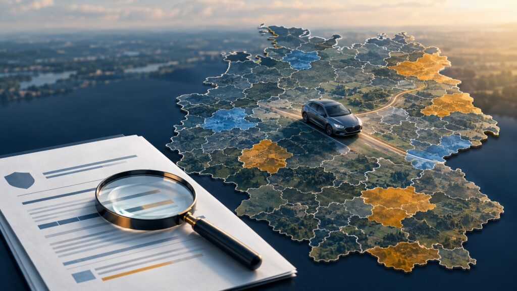 Modernes Auto auf einer stilisierten Deutschlandkarte mit hervorgehobenen Zulassungsbezirken und Versicherungsunterlagen im Vordergrund
